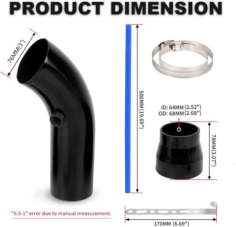 BARTOO 3 Inch Cold Air Intake Filter Pipe Curve Pipe, Aluminum Air Intake Elbow for Car Truck Turbo Piping, Black - Image 2